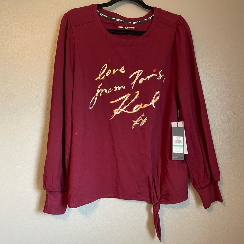 NWT Karl Lagerfeld Sz Large Women’s Sweatshirt Logo Love Paris Bling Top Ret $69